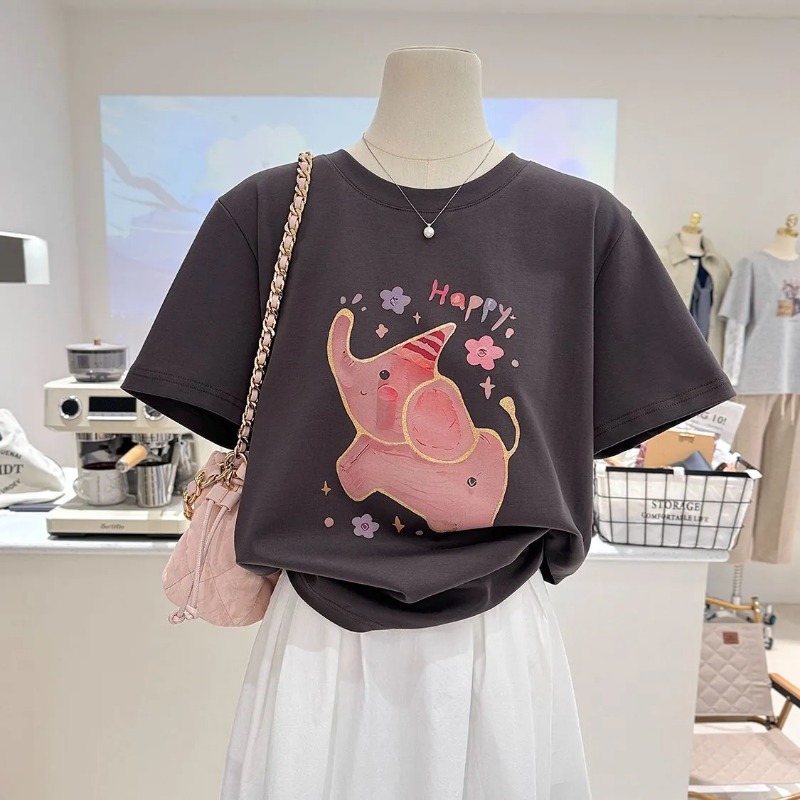 귀여운 만화 핑크 코끼리 프린트 크루넥 반팔 티셔츠 여 - Women Fashion Quotes 리뷰 및 가격