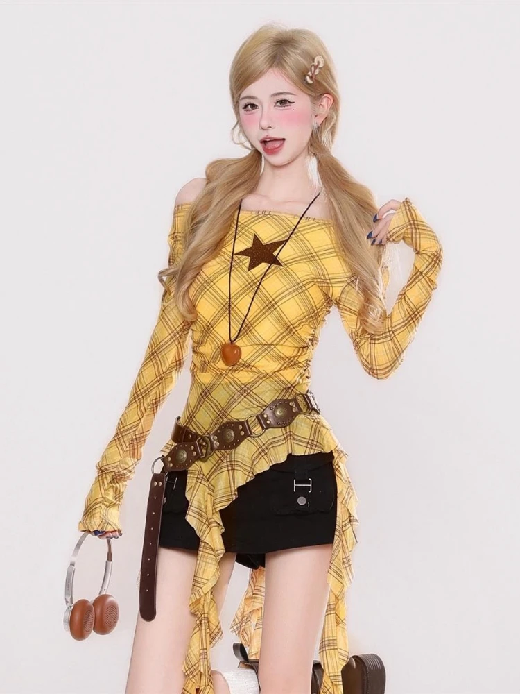 Y2K 플레이드 슬래시 넥 빈티지 여성용 티셔츠, 그런 - Women'S Fashion Tops 리뷰 및 가격